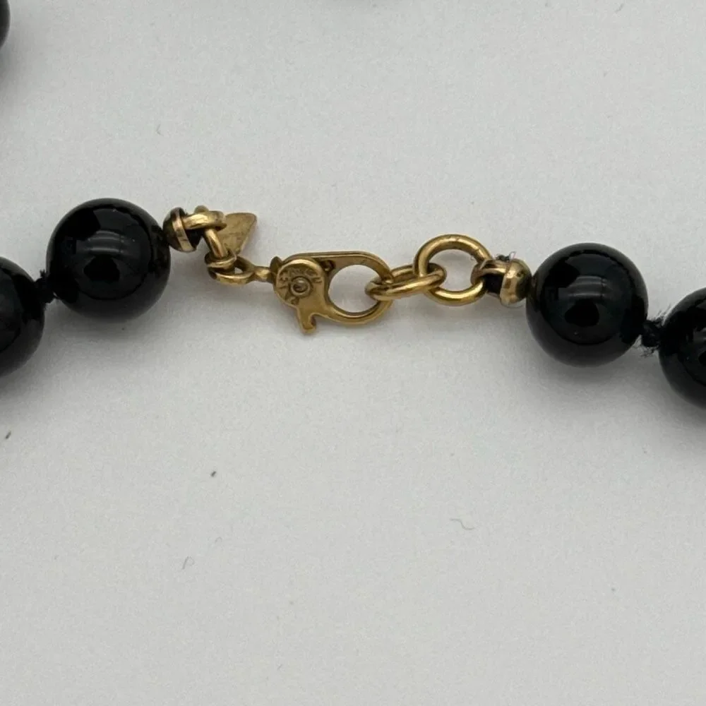 Vintage Monet 28” Black Bead Necklace Long Strand Gold Tone‎ Signed Classic